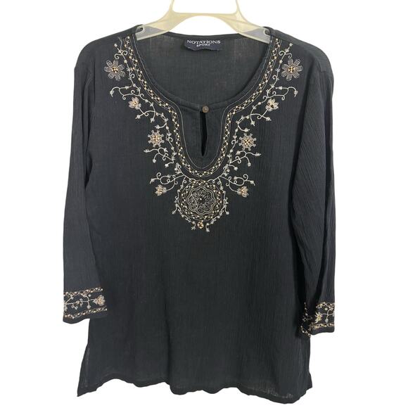 Vtg Black Gauzy Embroidered Beaded 3/4 Sleeve Top Size Medium Boho Indie Peasant - Picture 1 of 10